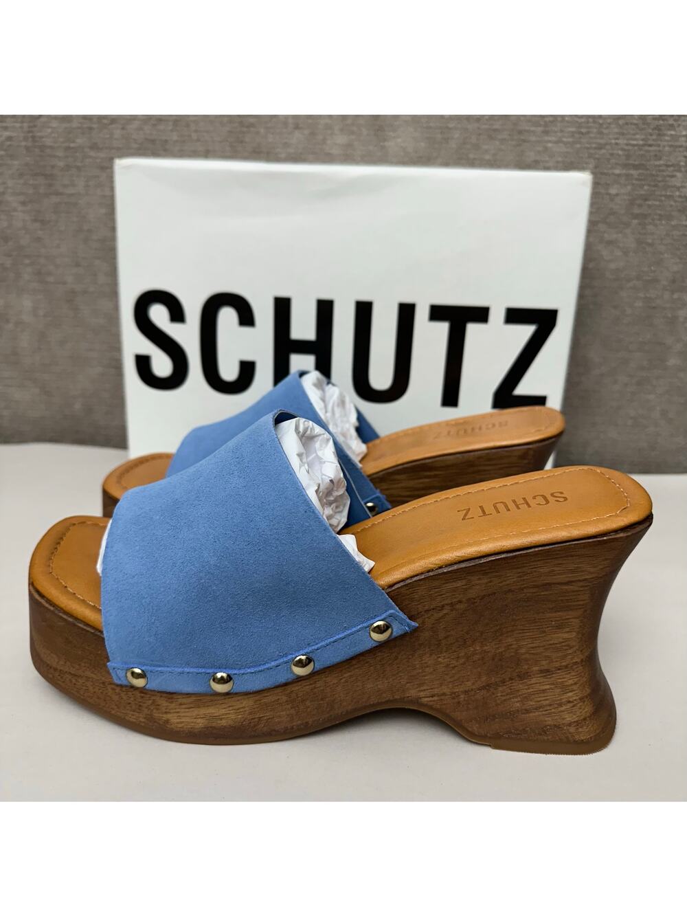Schutz Lanneh Blue Suede Wooden Wedge Platform Clog Sandal Slides 8.5 NIB $148
